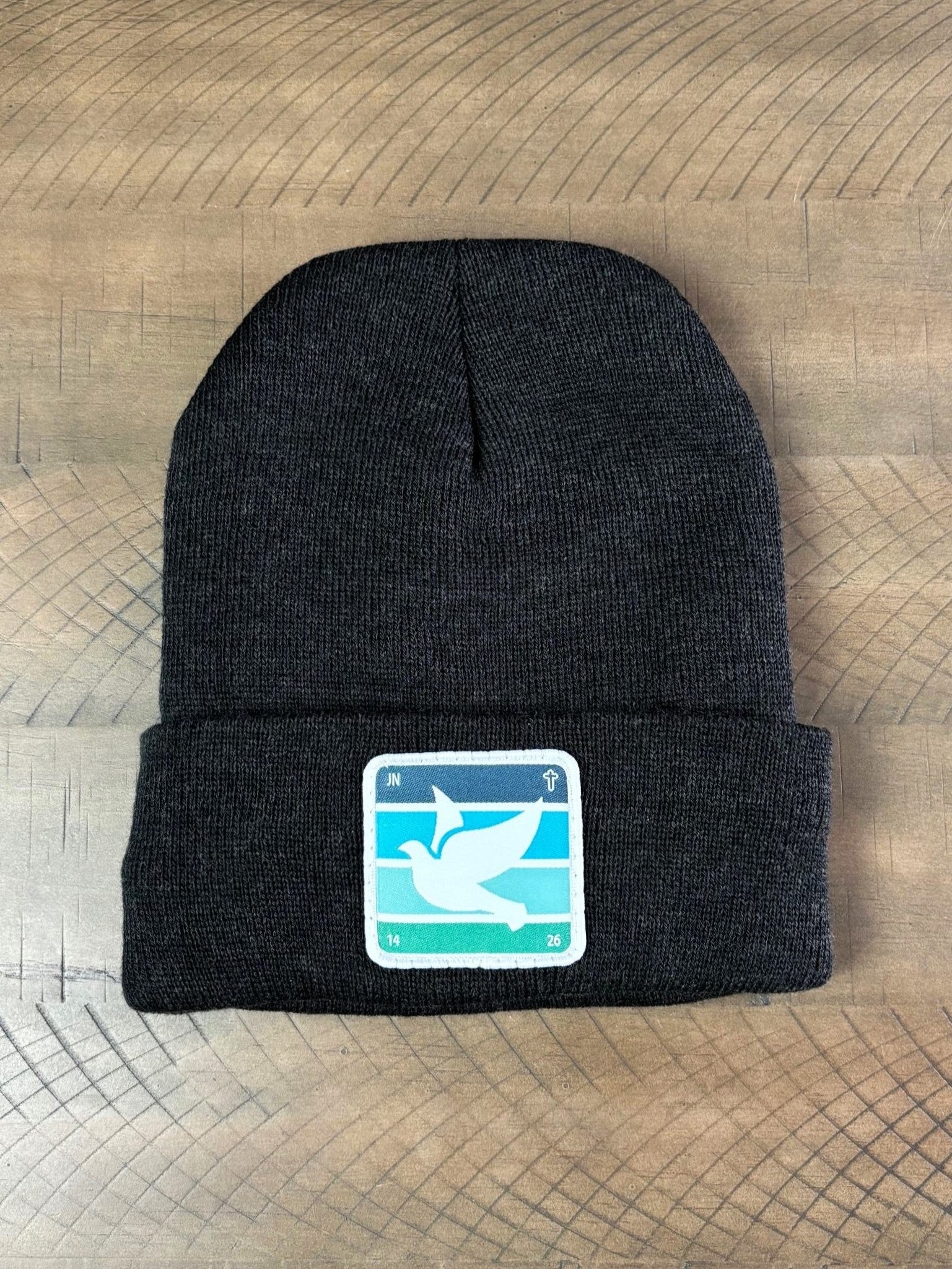 Heather charcoal winter hat with holy spirit dove patch