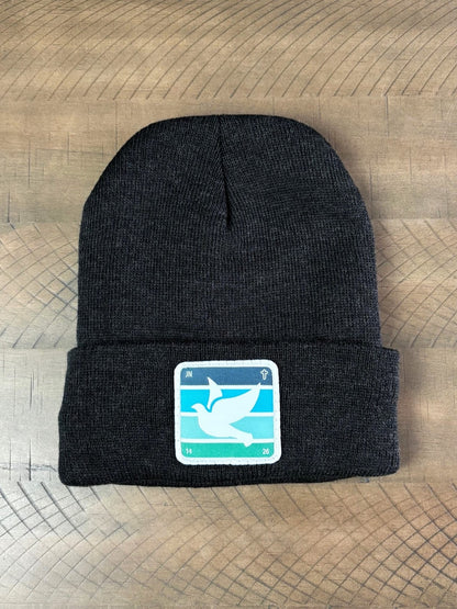 Heather charcoal winter hat with holy spirit dove patch