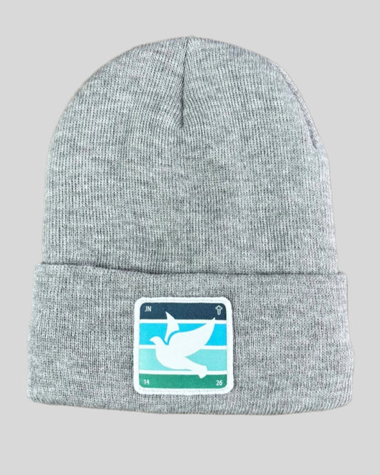 Heather gray winter hat with holy spirit dove patch