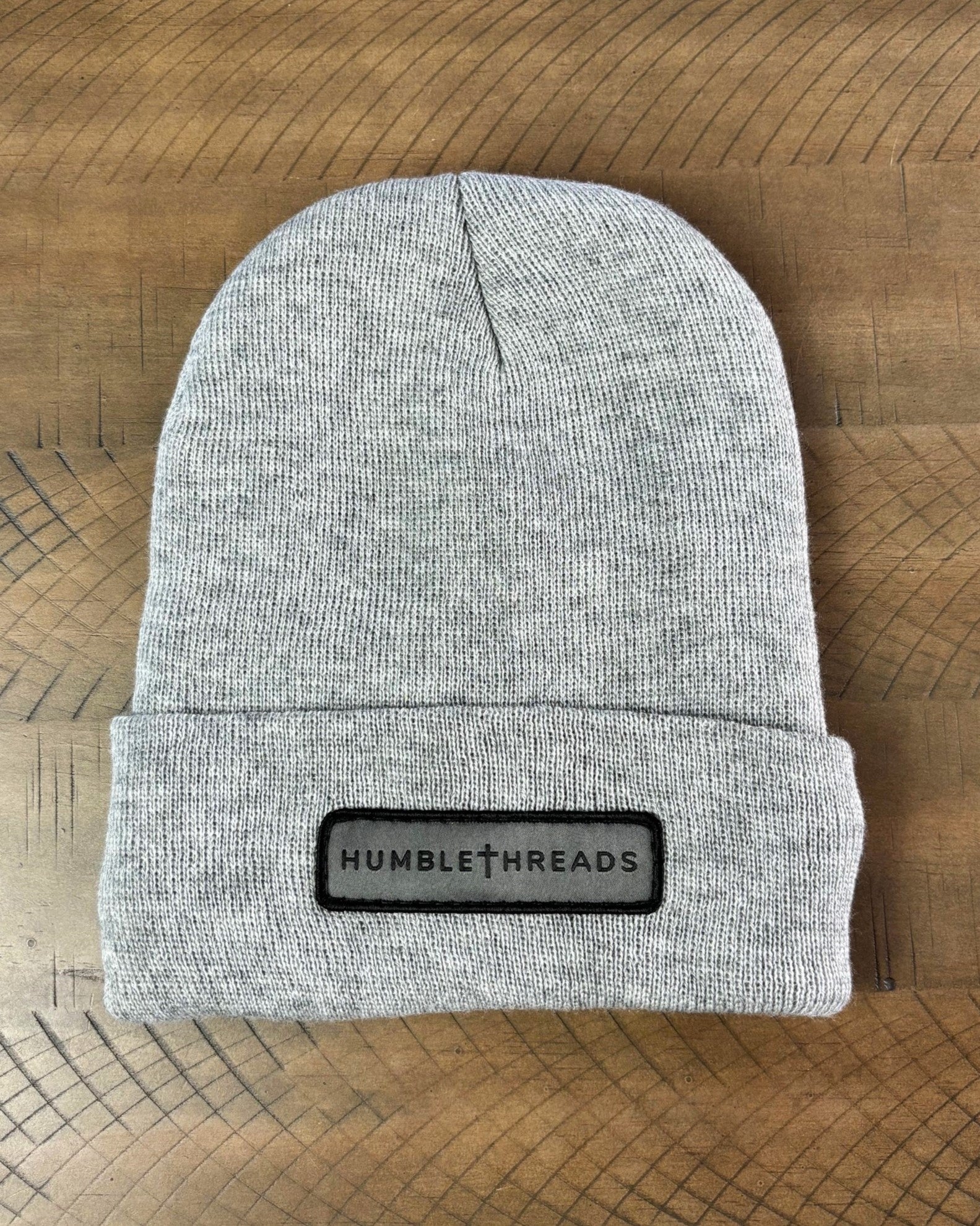 Heather gray winter hat with a humble threads patch