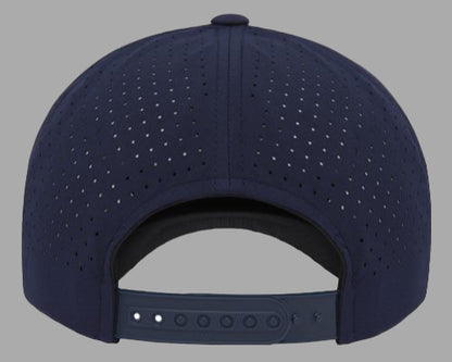 Navy blue baseball cap with perforated design on a white background